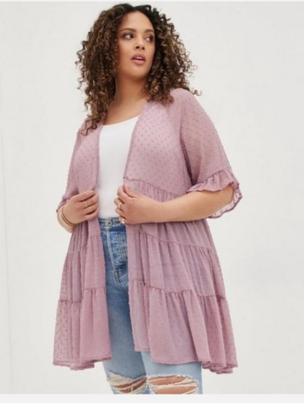 Torrid Kimono Lavender Clip Dot Tiered Plus Size Open Front‎ size 5X